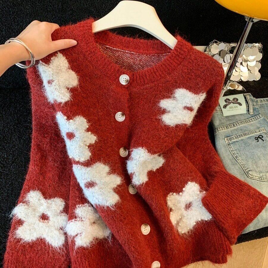 Korean Retro Floral Jacquard Knit Cardigan - Women's Autumn/Winter Loose Slimming Sweater Coat