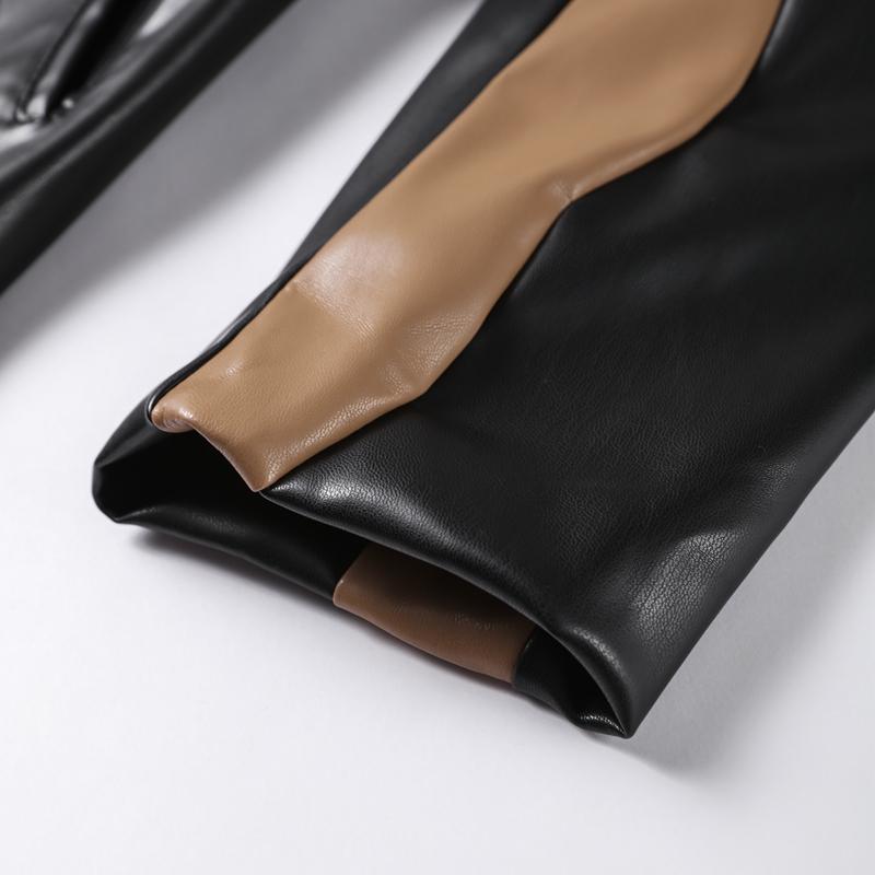 Contrast Leather Long Women Jacket Lace Up Lapel Long Sleeve Female Maxi Pu Jackets Autumn Winter Street Pocket Lady Coat