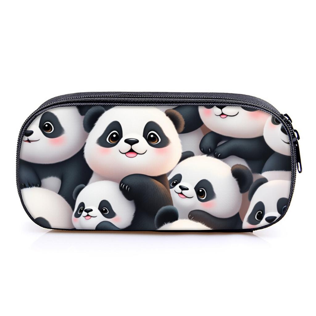 Hot Sales Panda Bamboo Print Layered Pencil Case Quality 2D Flat Cartoon Pen Bag Best Gift for Boys/Girls School Supplies