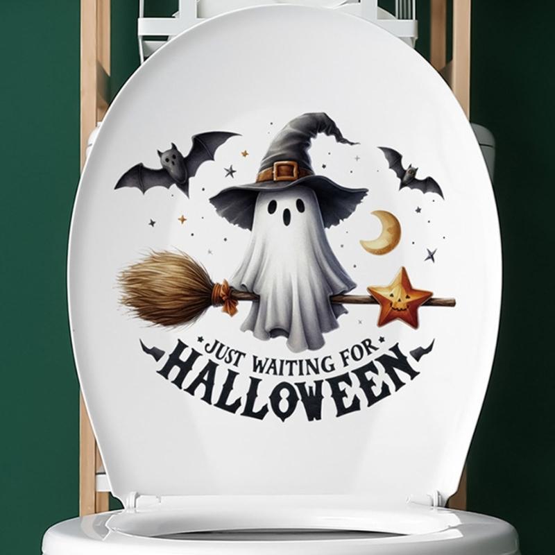 Halloween Ghosty Pumpkin Toilet Cover Stickers Waterproof Pumpkin Ghosty Toilet Lid Decals Halloween Bathroom Decors