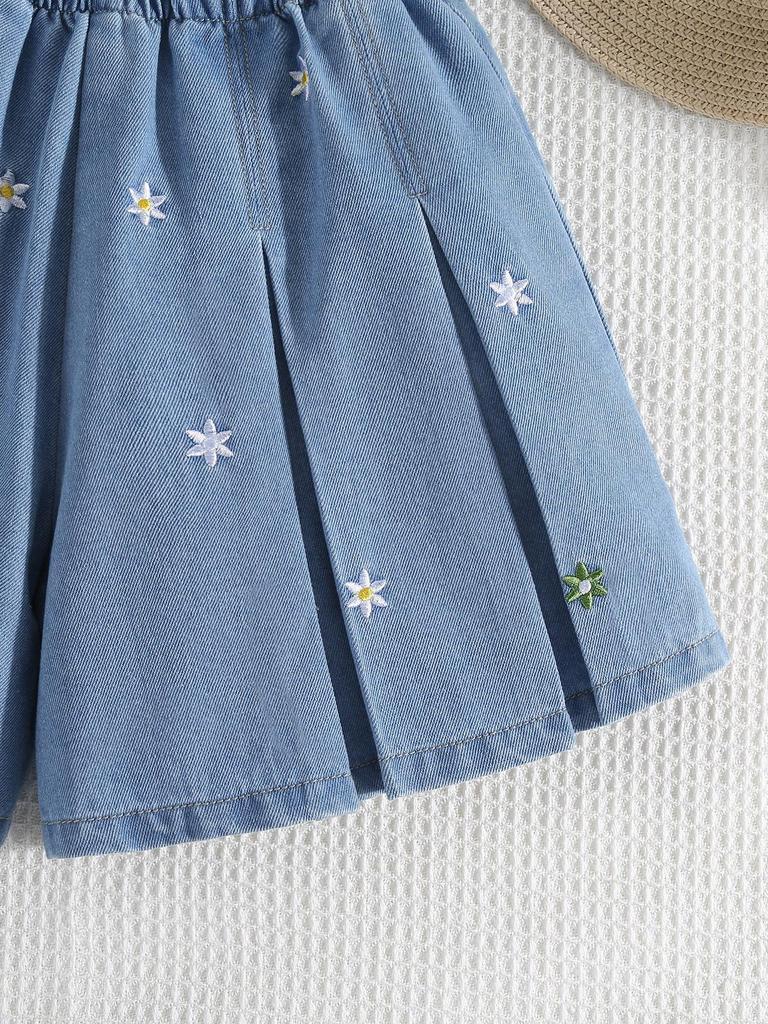 Single-piece Girls' Six-pointed Star Embroidered Casual Pleated Wide-leg Light-colored Denim Shorts/skirt