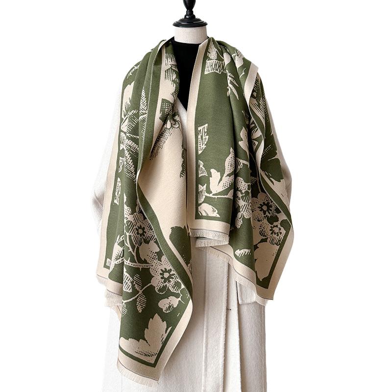 Girl Wind Forest Leaves Contrasting Colors Double-Sided Imitation Cashmere Scarf Winter Advanced Feeling Warm