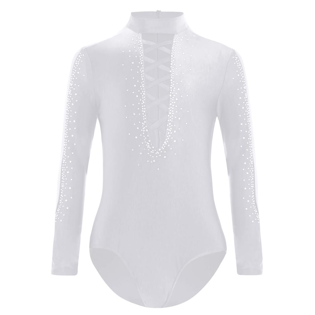 Boys Glittery Rhinestones Dance Leotard Mesh Patchwork Long Sleeve Crisscross Strappy Front Bodysuit for Stage Performance