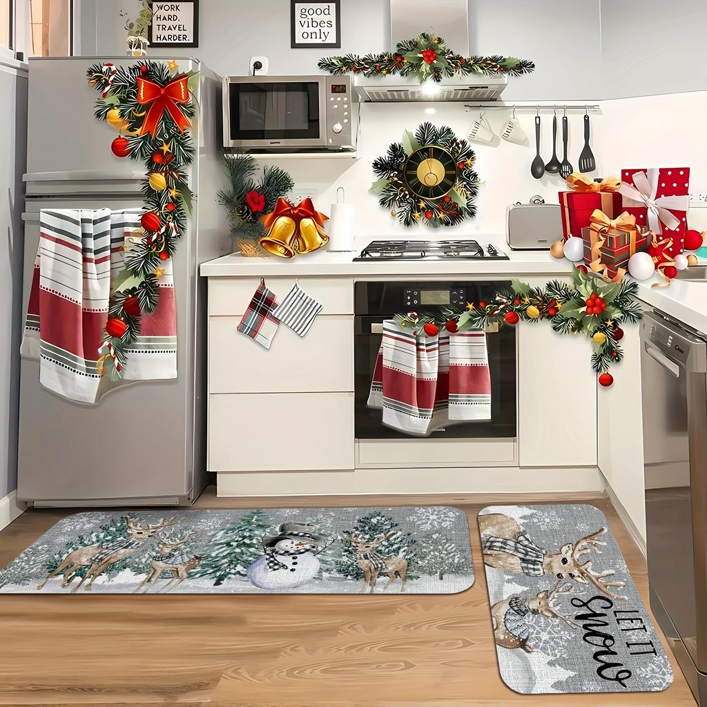 1Pcs Anti Fatigue Kitchen Rugs Christmas Gray Elk Print Waterproof Non-Slip Thick Cushioned Kitchen Mat Heavy Duty Comfort Standing Mat for Kitchen