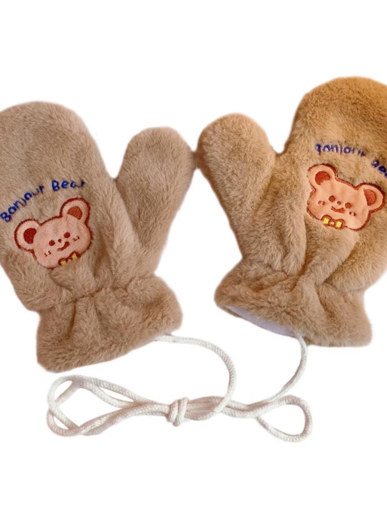 Japanese and Korean Cartoon Gloves, Autumn and Winter Fleece-Lined, Cute Chacha Bear Full-Finger Neck-Hanging Thickened Windproof Warm Casual Plush