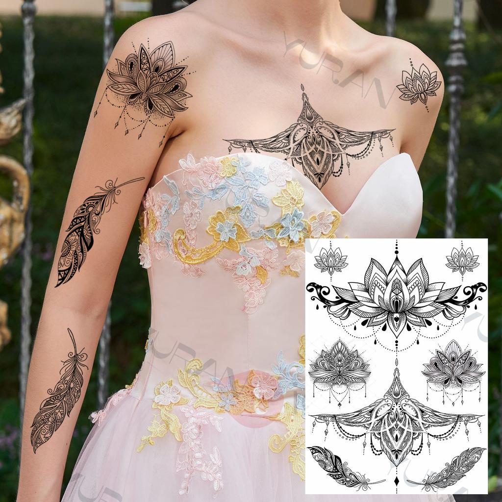 YURAN Women Girl Big Arm Owl Fake Tattoo Temporary Henna India Tatoo Stickers Custom Mandala Flower Black Turtle Tattoos Lace
