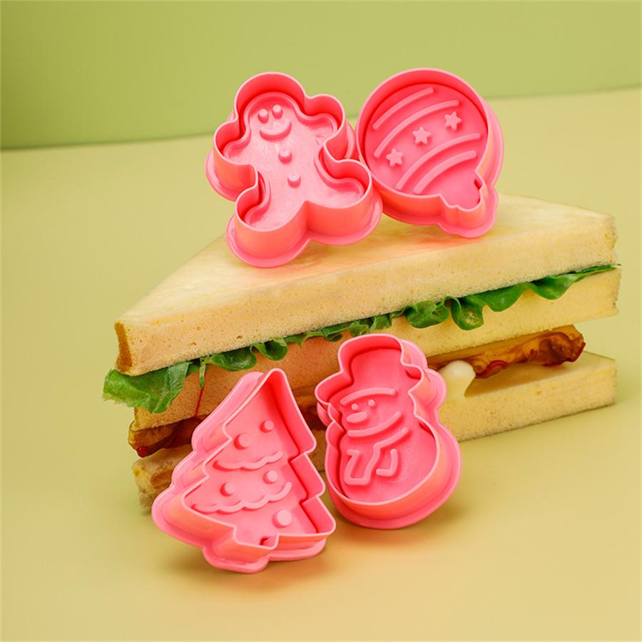 4-Piece Set of Christmas Cookie Molds, Cute Gingerbread Man Christmas Tree Fondant Cookie Cutter, Chocolate Stamping Mold Printing Mold Cake DIY D