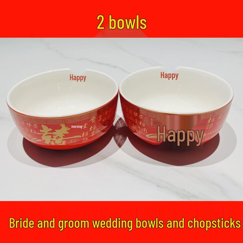 Festive Newlywed Ceramic Bowl & Chopstick Set: Happy Bowls & Red Soup Spoon for Wedding Banquet Tableware