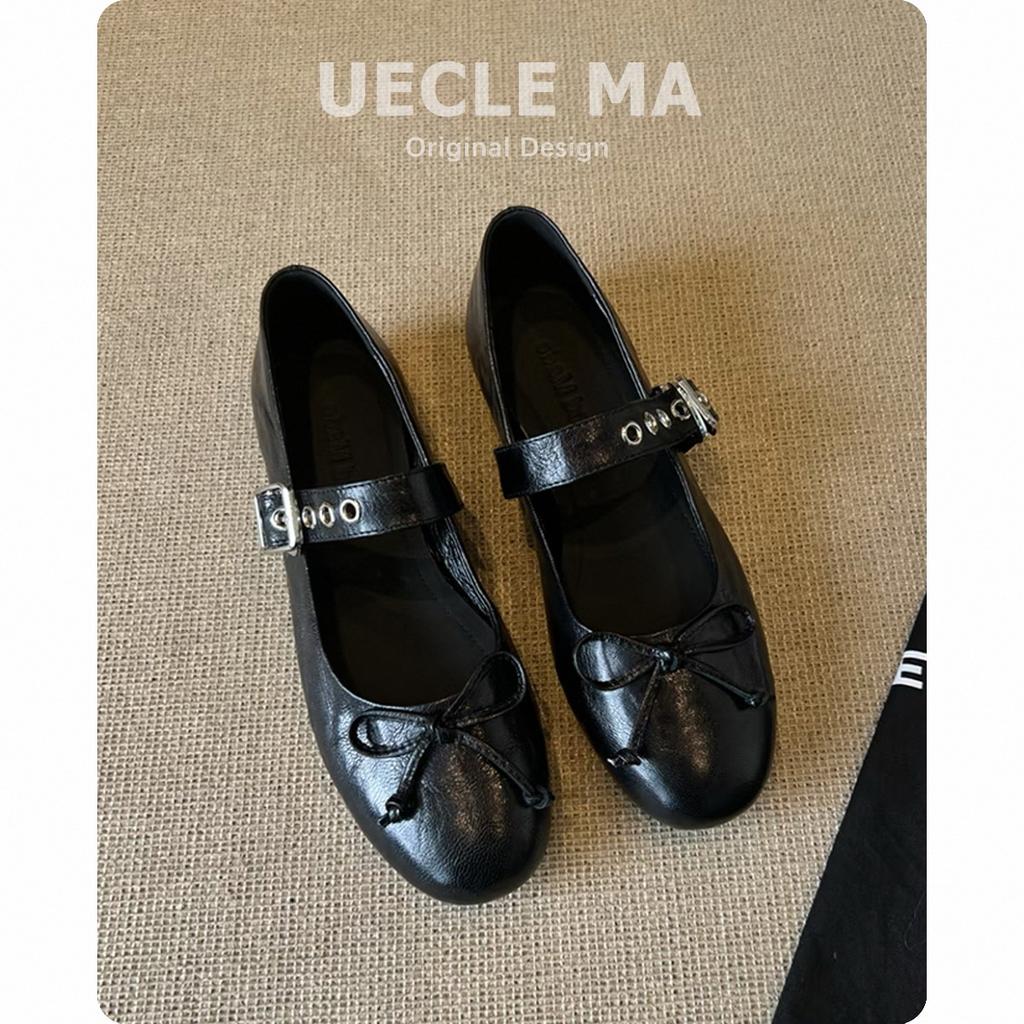 Sheepskin Version~ French Single Shoes Women's Ballet Flat Bottom Shallow Mouth Leather Shoes Bow Retro Versatile Mary Jane Shoes
