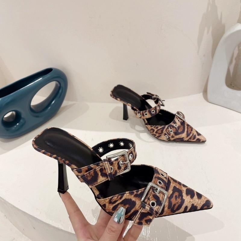 Fashion Fine Heel Sandals Spring New Pointed Head Shallow Mouth Rivet Metal Buckle Set Foot Non-slip High Heel Slippers