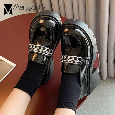 Modne lakierowane i matowe skórzane buty na platformie Kobieta Płaskie 6cm Obcas Gumowe Mokasyny Luksusowe Sneakersy z Łańcuchem Oxford Damskie Muffin Creepers JK