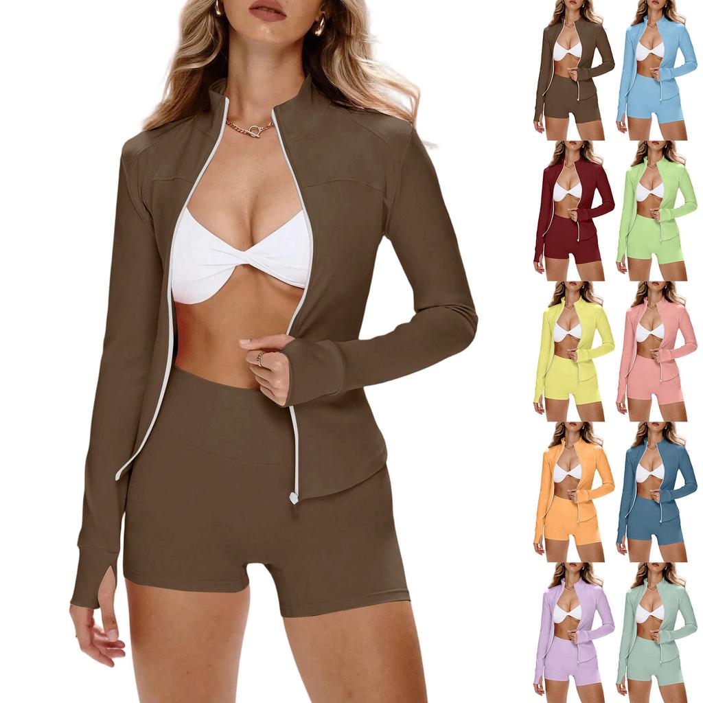 Women's Casual Yoga Set Long Sleeve Zip Up Jacket and High Waist Shorts Stretchy Lightweight Two Piece Activewear Set for Workout