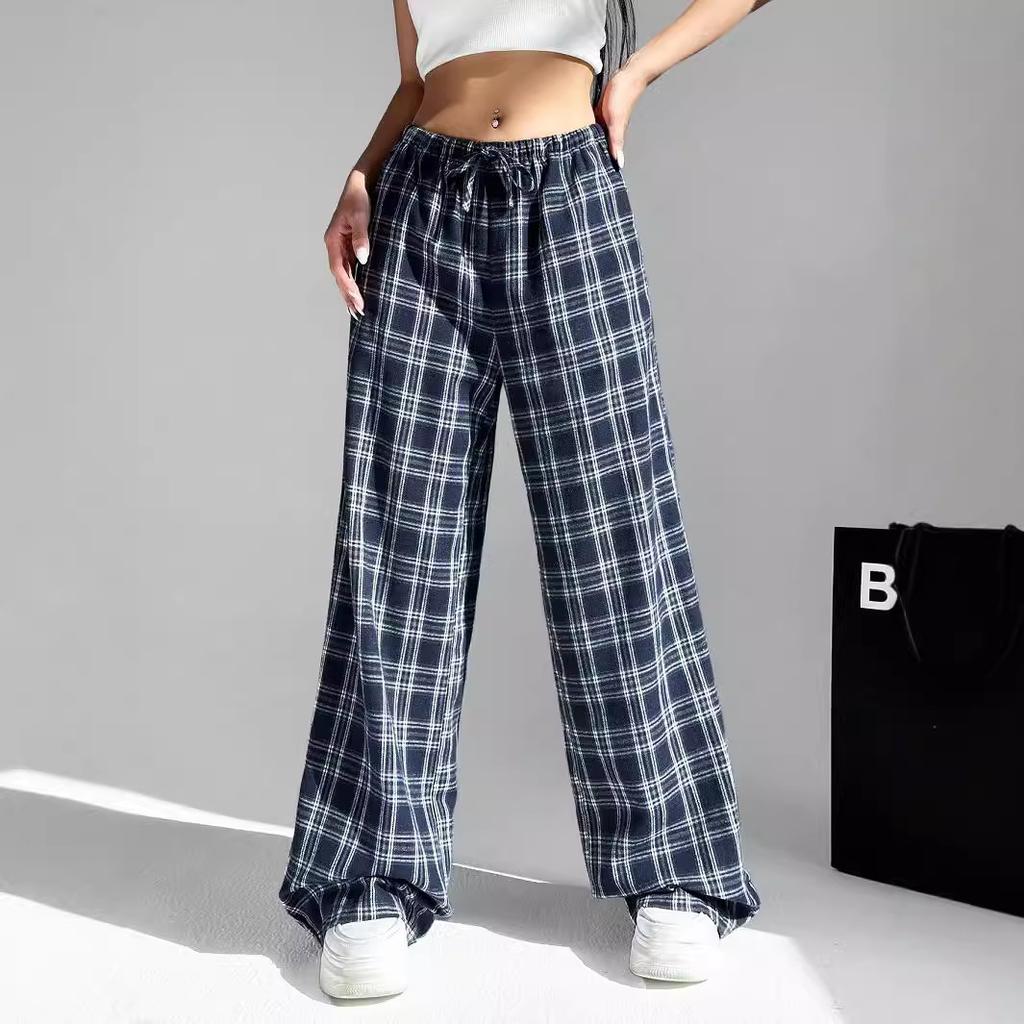 Women's Plaid Trousers, Casual Straight-Leg Pants, Wide-Leg Pants, Student-Friendly, Comfortable