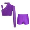 Třpytivý crop top na tanec s kamínky pro dívky: Šortky s nepravidelným ramenem a V-předním pasem pro taneční vystoupení