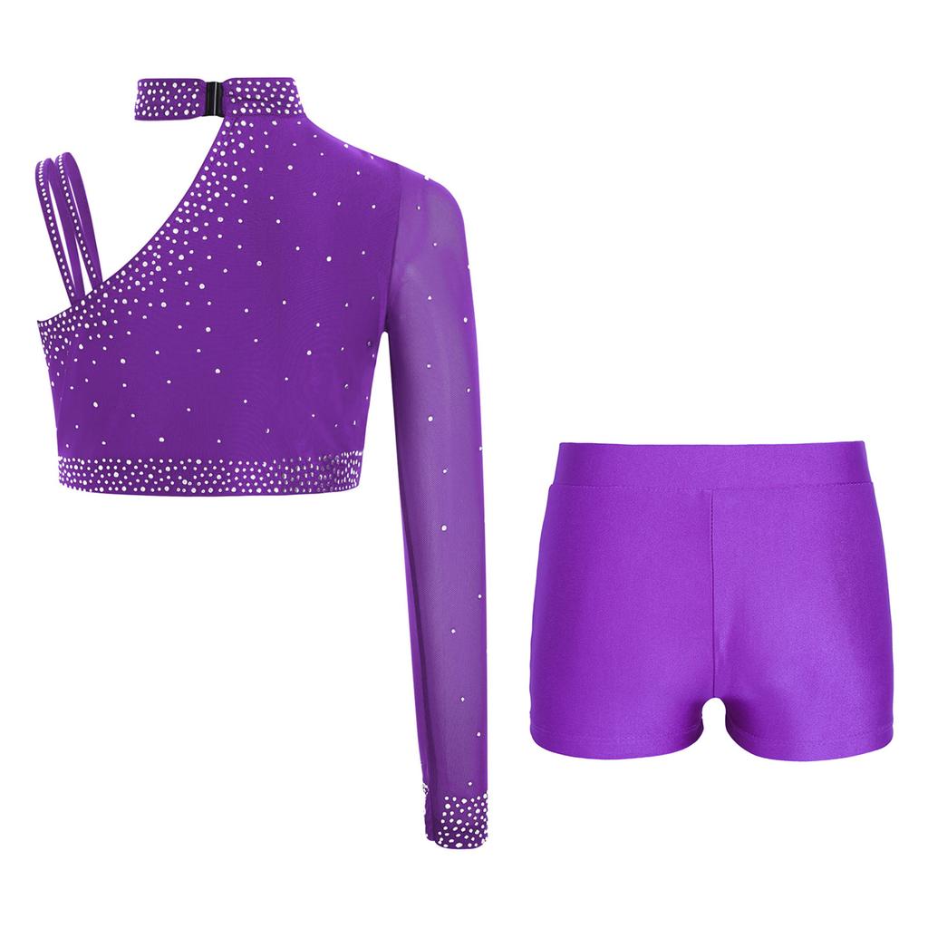 Třpytivý crop top na tanec s kamínky pro dívky: Šortky s nepravidelným ramenem a V-předním pasem pro taneční vystoupení