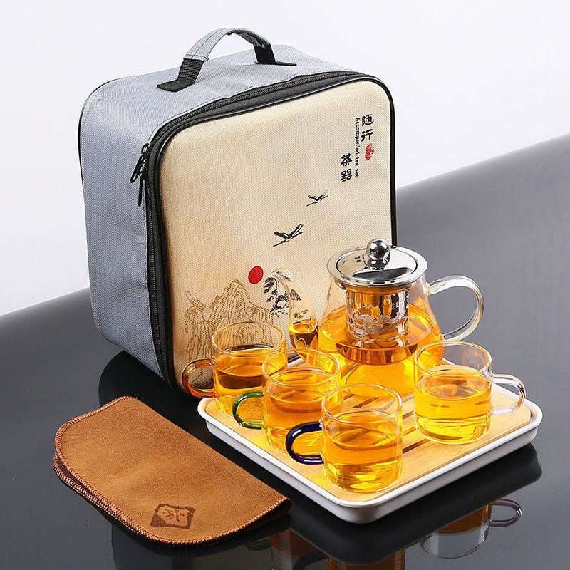 

Портативный китайский чайный сервиз Gongfu, термостойкий чайник из боросиликатного стекла, поднос для чая, наборы чашек, чайник из четырех чашек, подарочный пакет