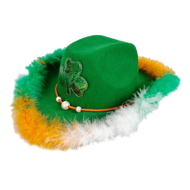

Irish Saint Patricks Hat Feathered Brim for Saint Patricks Day Accessories Patricks Hat with Leaf Green Hat 1 зелений