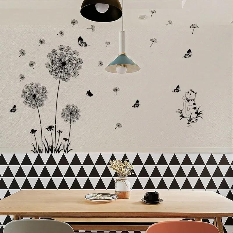 Cute Cat Black Dandelion Wall Sticker Butterfly Wall Living Room Bedroom Window Decoration Mural Art Decals Home Decor Stickers