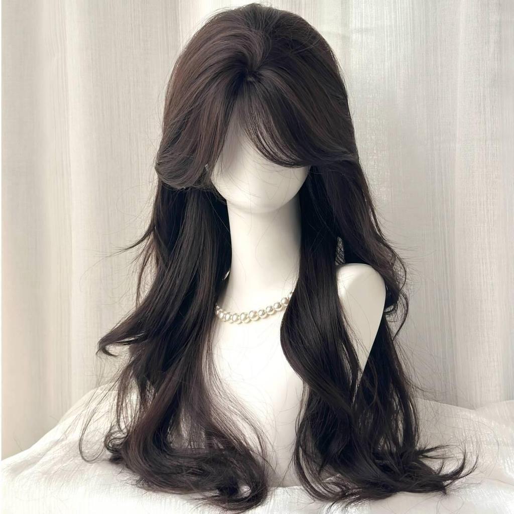 Full-Cover Women's Wig with Middle Part, Curtain Bangs, Long Curly Hair, Perfect for Natural Face Shape—No Hairnet Needed