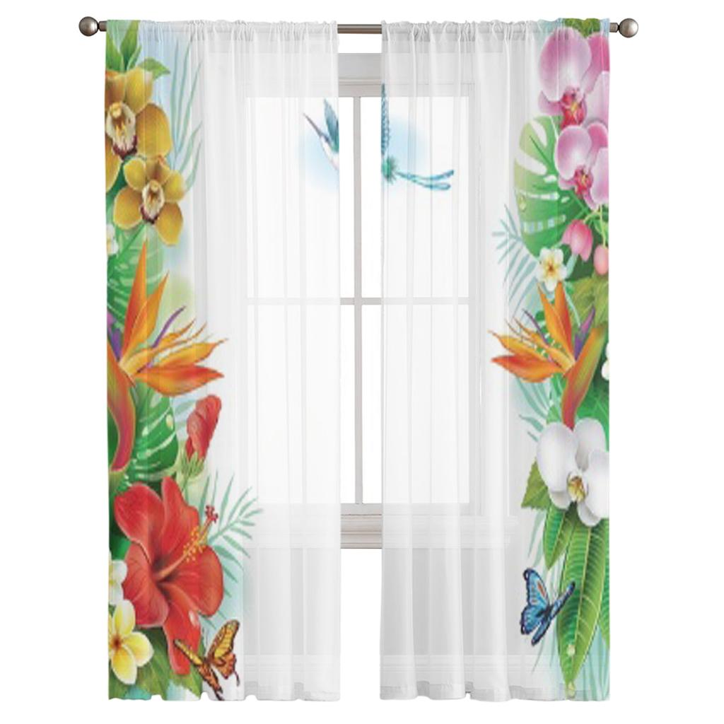 Tropical Flowers And Leaves Sheer Curtain For Living Room Modern Voile Tulle Window Curtains For Bedroom Kitchen Drapes