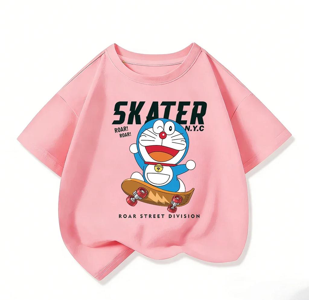 Cute Children Crew Neck T Shirt Summer Fashion Cartoon Print Trendy Street Casual Tops Doraemon Boys Girls Outfit 314Y