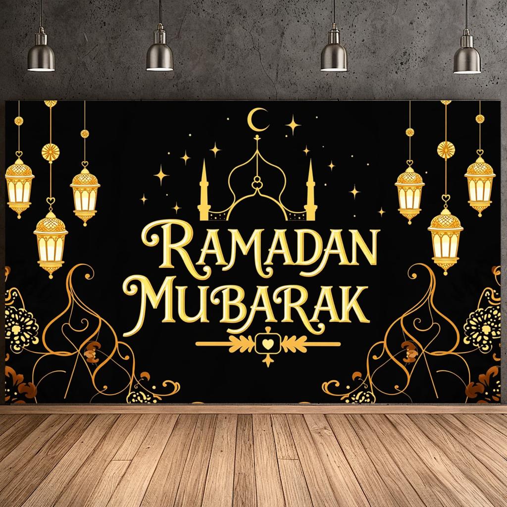Ramadan Mubarak Banner Backdrop Lanterns Crescent Stars Mosque Party Celebration Ramadan Kareem Photography Decorations Props