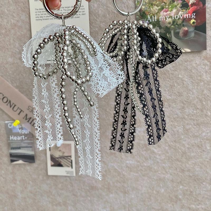 Sweet Lace Pearl Bow Keychain Pendant Car Keychain For Women Girls  Exquisite Backpack Decoration Accessories Gifts