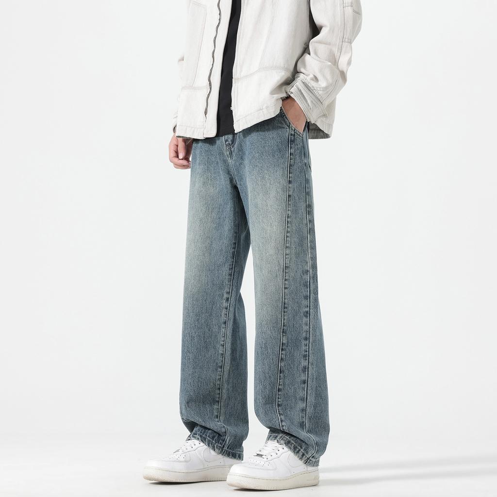 American Retro Trendy Brand Wide-leg Drape Jeans Men's Autumn and Winter New Loose Straight Splicing Long Pants