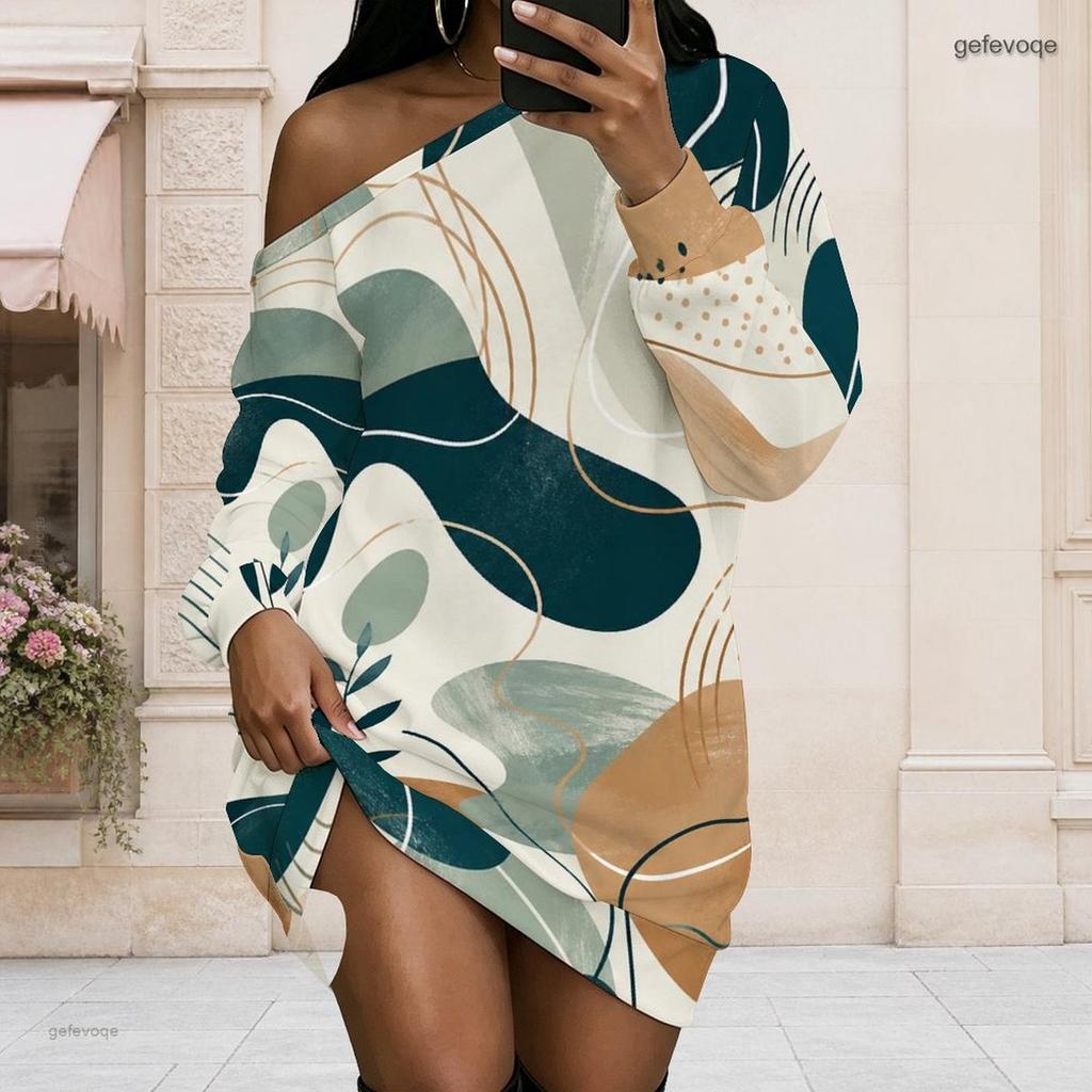 Women Plus Size One Shoulder Long Sleeve Abstract Geometric Print Asymmetric Hem Dress