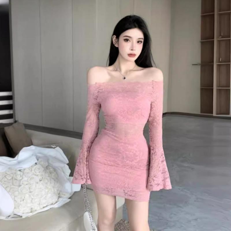 Spring Autumn Sexy Fashion Off the Shoulder Bodycon Lace Dress Women Flare Long Sleeve Slim Mini Vestidos Robe