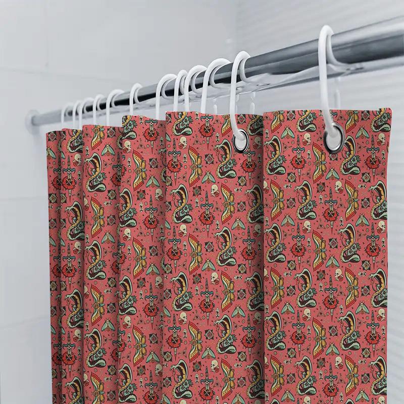 Vintage Floral Shower Curtain Skull Roses Pattern Bathroom Decor Waterproof Fabric Washable Liner Set