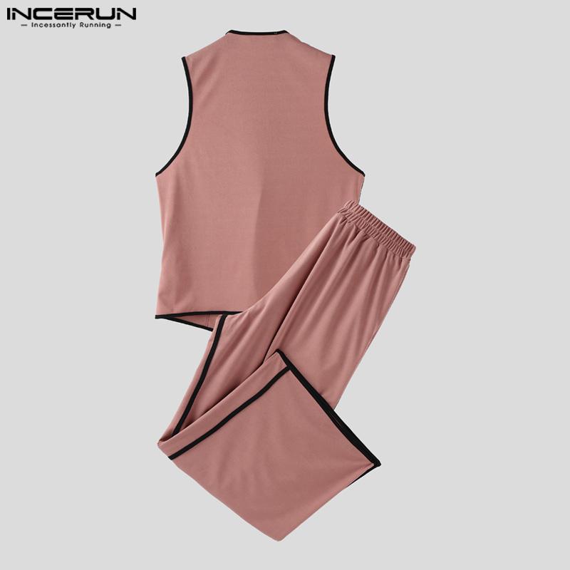 INCERUN 2PCS Men Sleeveless Stitching Waistcoat and Long Pants Outfits Sets