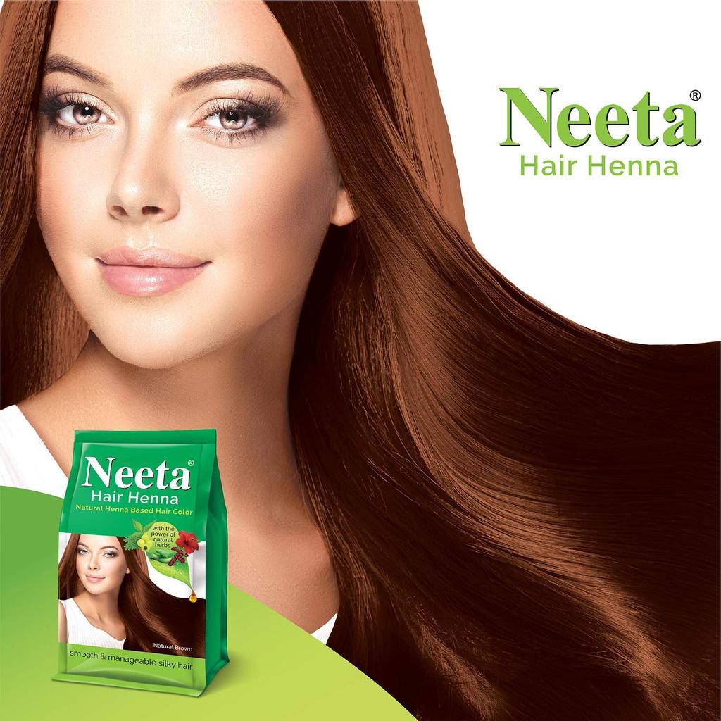 Neeta Haar Henna Kleur Natuurlijk Bruin 125g X Pak van 4 Ammoniakvrije Haarkleur voor Vrouwen Mannen