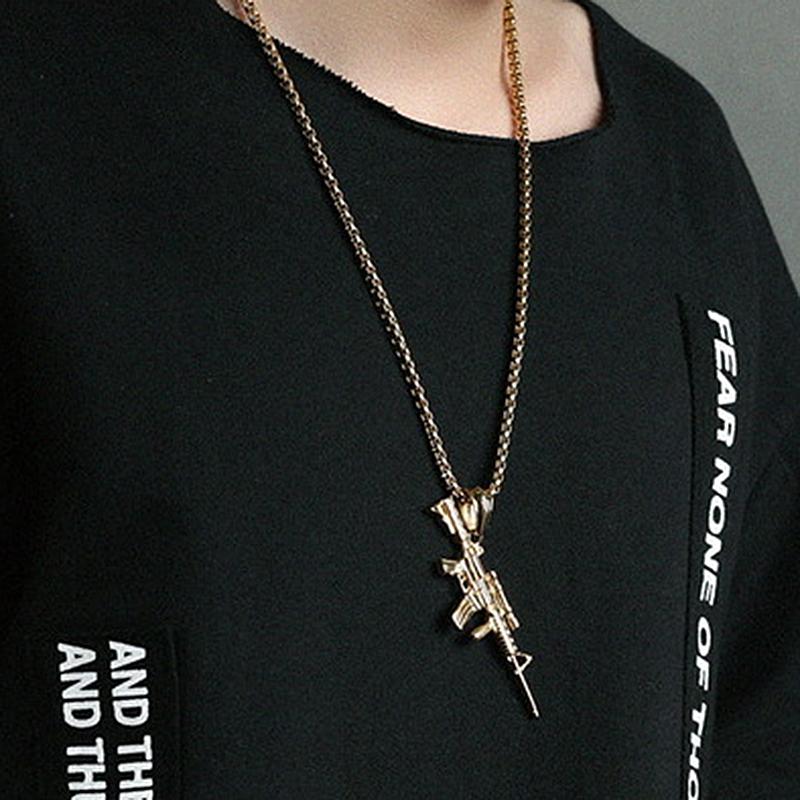 Men's Machine Gun Pendant Necklace Hip Hop Punk Black Gold Stainless Steel Chain Retro Accessories Hippie Rapper Jewelry