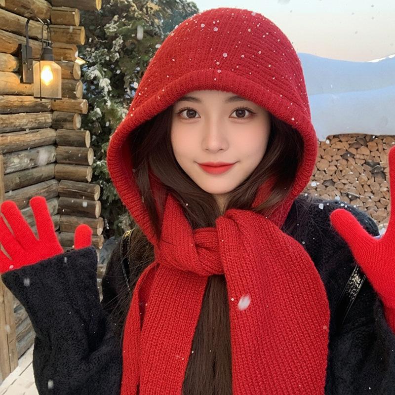 Красная балаклава женская сезонная теплая шерстяная шапка шарф интегрированный шарф с капюшоном вязаная шапка зима One size fits all
