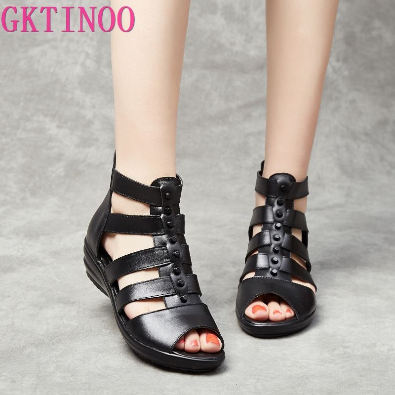 Fashion GKTINOO Plus Size 35-43 Genuine Leather Gladiator Sandals Women 2025 Summer Shoes Zipper Peep Toe Elegant Black Ladies Sandals