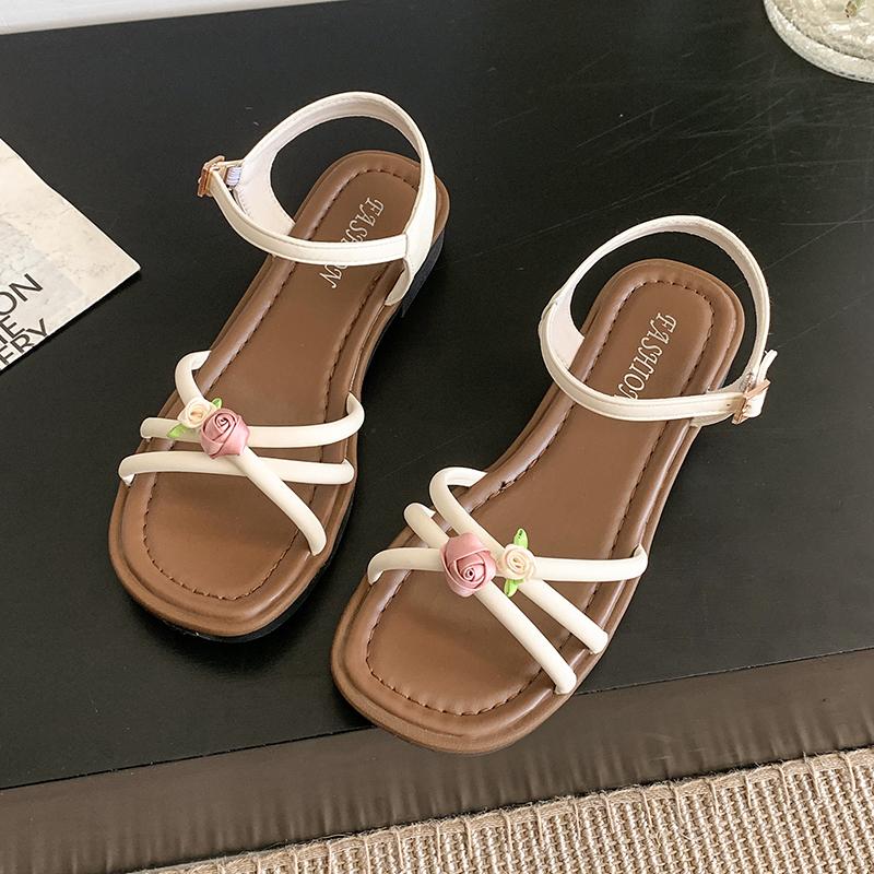 

Fashion Flat Bottom Fashion Trendy Women s Beach Sandals Outdoor Wear Non-slip Outdoor Versatile Embellish with flowers Women Sandal 35 бежевый