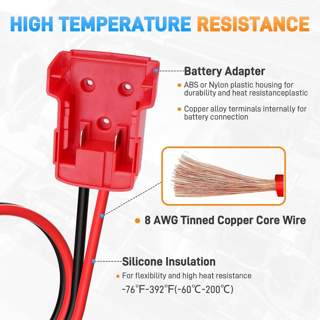 Jumper Cables With Alligator Clips Compatible With Milwaukee M18 18V Battery, 2Ft 8AWG Silicone Wire Jumper Starter Clamps, Automotive Booster Cable