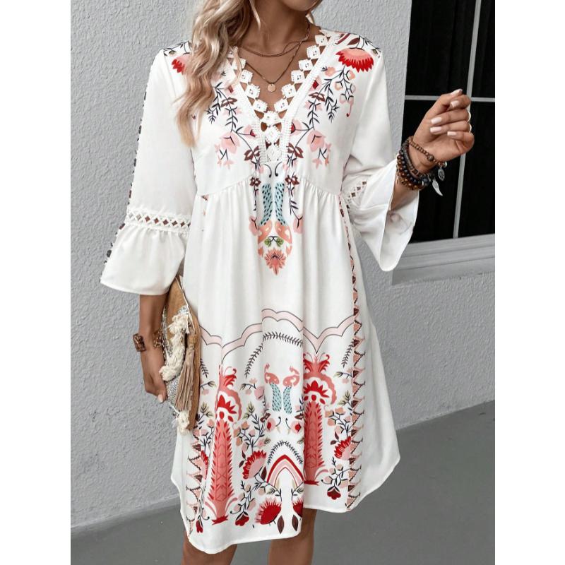 Women's V-Neck Lace Trim Printed Midi Dress, Short Sleeve Casual Floral Summer Dress for Daily Wear