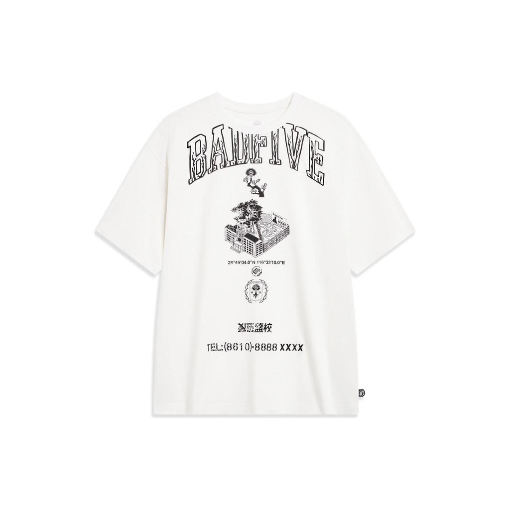 Li Ning Badfive Letter Architecture Print Loose Short Sleeve T-Shirt Unisex Tops Off-White AHST515-1