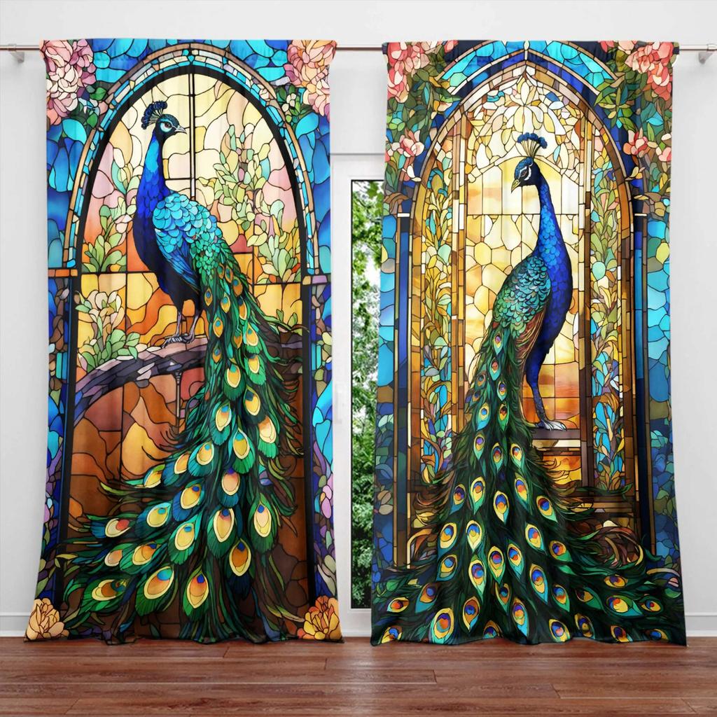 JIT 2pcs Floral Peacock Print Curtains Room Darkening Rod Pocket Polyester Window Drapes Home Decor for Living Room Bedroom