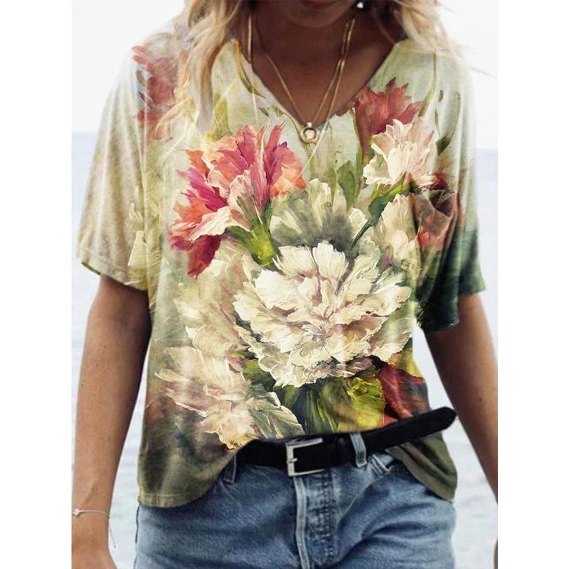 

Летняя футболка с граффити, цветами, 3D-принтом, коротким рукавом, женская, V-образный вырез, красочная, повседневная, универсальная XS