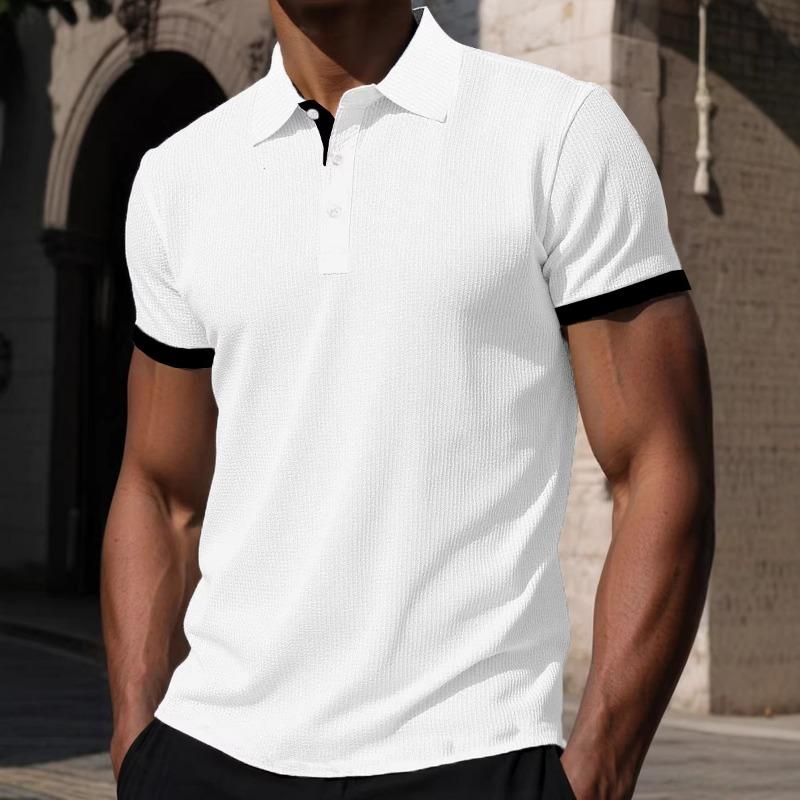 

Men s Textured Fabric Color Block Cuff Short Sleeve Polo Shirt S белый