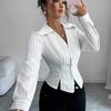 Casual Layering Shirt for Women - Side Slit Striped Printedd Slim Fit Long Sleeve Lapel Shirt