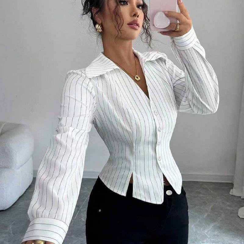 Casual Layering Shirt for Women - Side Slit Striped Printedd Slim Fit Long Sleeve Lapel Shirt