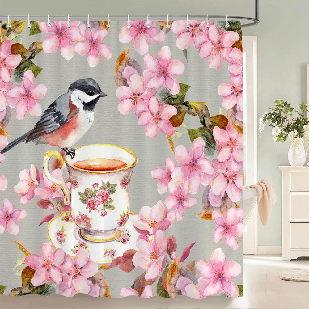 Tenda Doccia Motivo Fiori e Uccelli 3D Paravento Bagno Tessuto Impermeabile Decorazione Bagno 240X180cm Con Ganci Tende Doccia