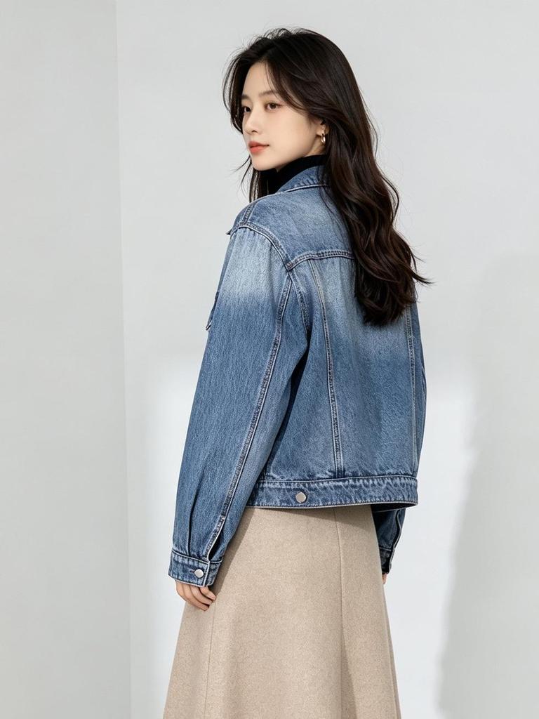 Xin Ge Women's Gradient Denim Jacket - Relaxed Fit, Washed Blue, Slimming, Versatile Lapel Style for Commute.