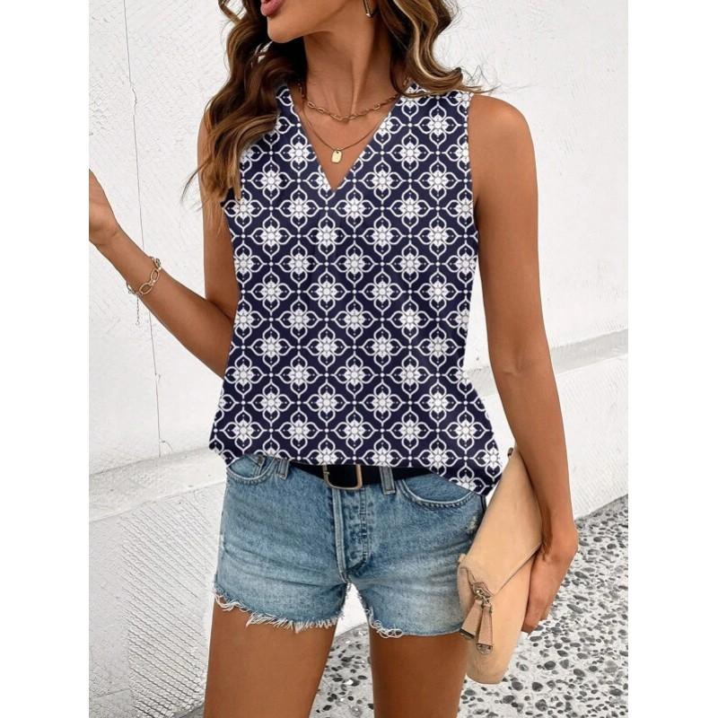 Womens Vintage Floral Print Sleeveless V-Neck Top Comfortable Casual Blouse Soft Cotton-Like Fabric 2025