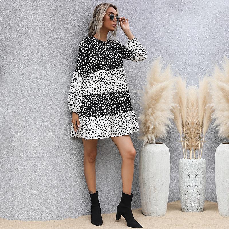 Women's Fashion Summer Polka Dot Print Long Sleeve O-Neck Casual Dresses