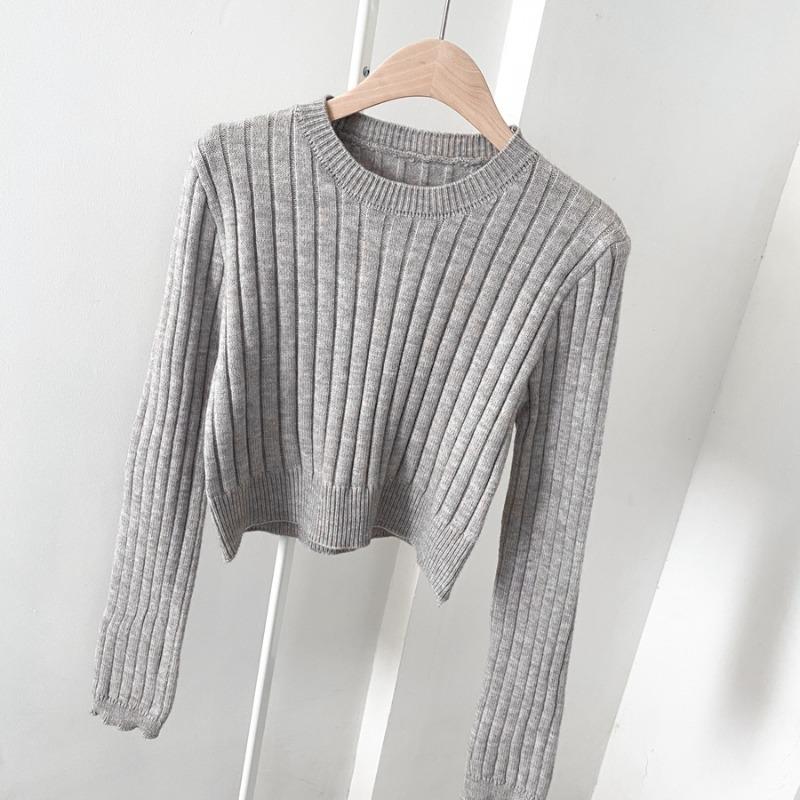 Podzimní jednobarevný kulatý výstřih krátký svetr dámský módní ležérní slim fit pulovry dámské zimní pletené svetry dámské elegantní jednoduché pletené zboží svetr 25568